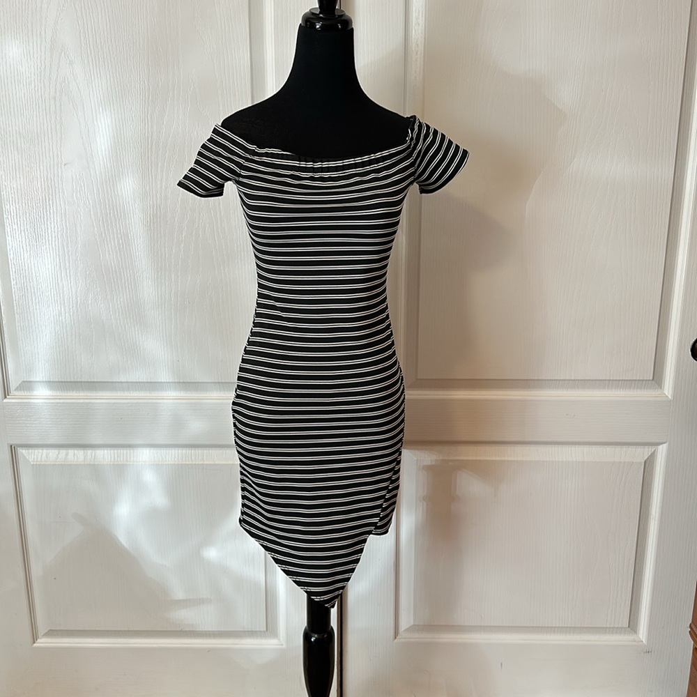 POETRY BLACK & WHITE STRIPE OFF THE SHOULDER DRESS